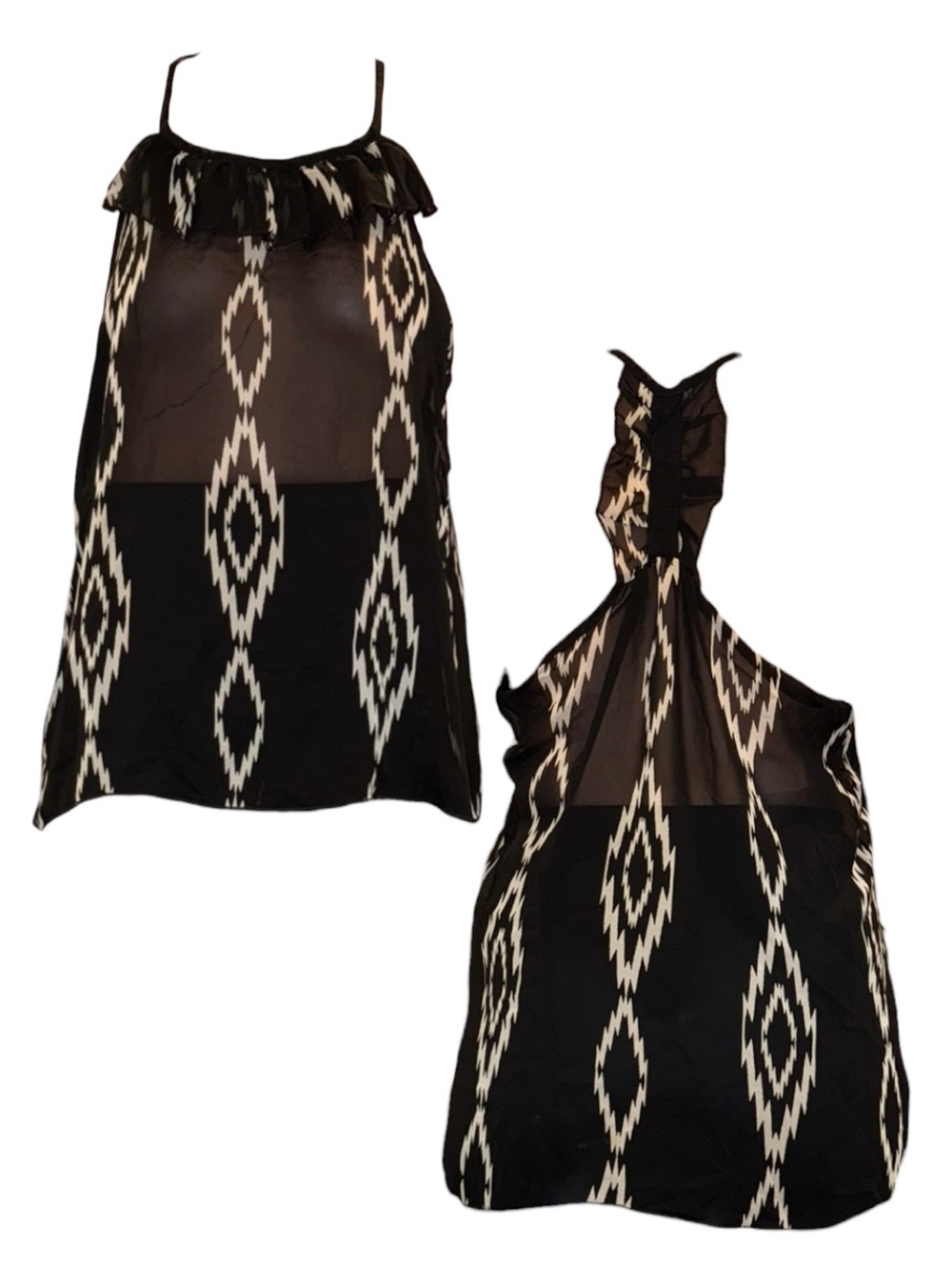Charlotte Russe Black & Cream Printed Ruffle-Neck Sheer Tank